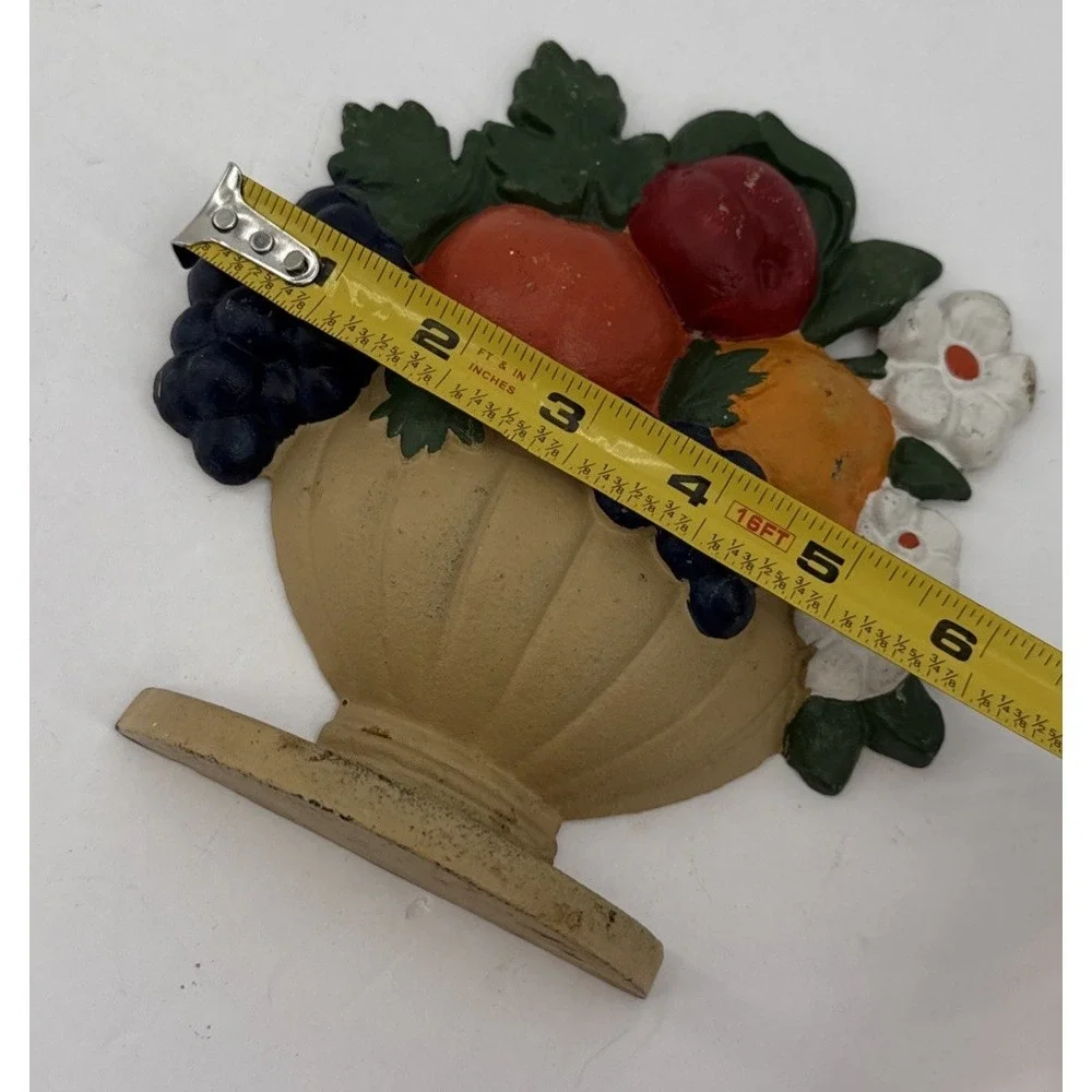 VTG Cast Iron Fruit Basket Doorstop Apple Grapes Flowers Cottage Farmhouse